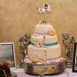 3 tiers Tan n Blue seashells wedding cake by Beach Weddings Alabama