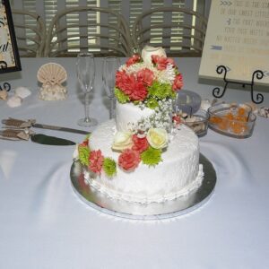 Coral n white wedding cake by Beach Weddings Alabama