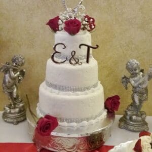 Red white 3 tiers wedding cake by Beach Weddings Alabama