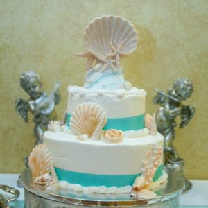 Seashells n seafoam color wedding cake by Beach Weddings Alabama