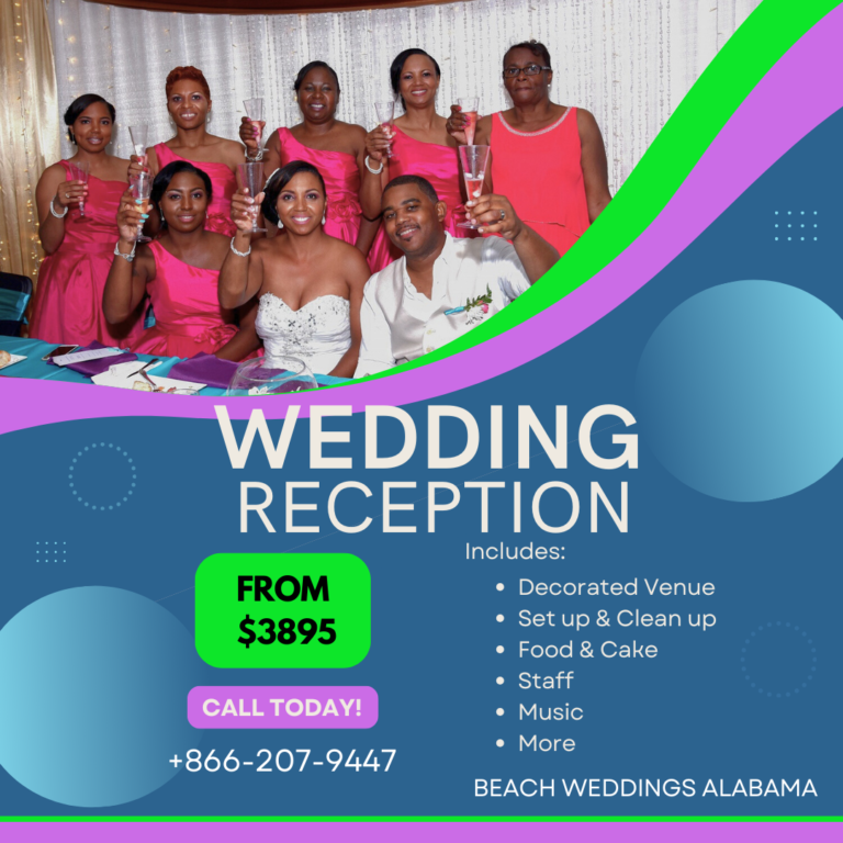 Wedding Reception Sale! from 95 Includes Decorated Venue, Food, Staff, Music & more. https://beachweddingsalabama.com/ Call 866-207-9447
